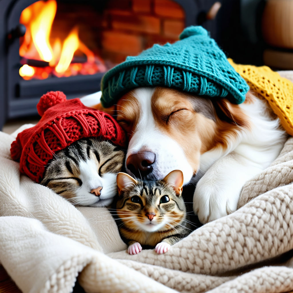 A dog, cat, mouse are all curled up