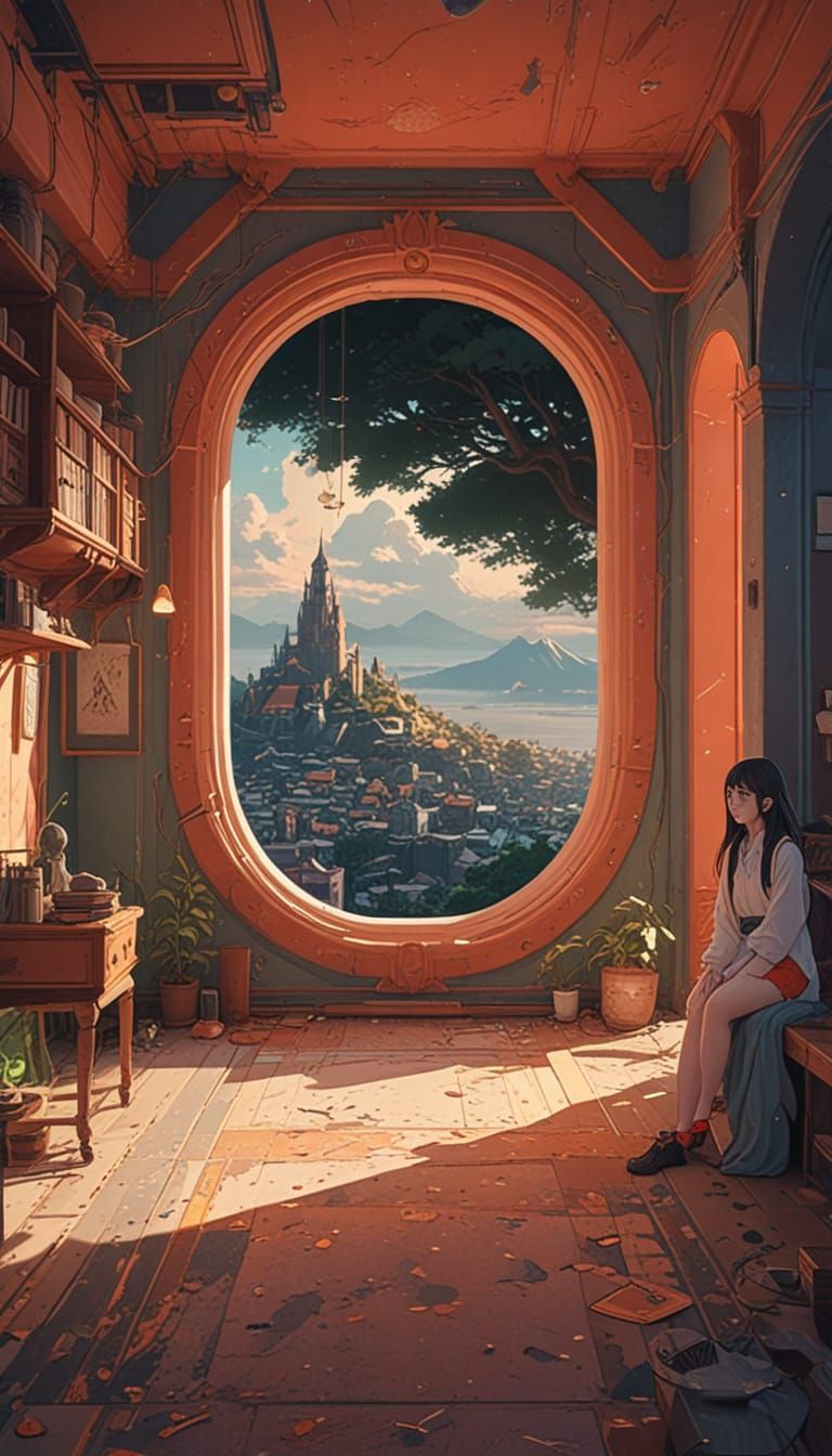 Fantastical Cityscape with Young Woman at Sunset