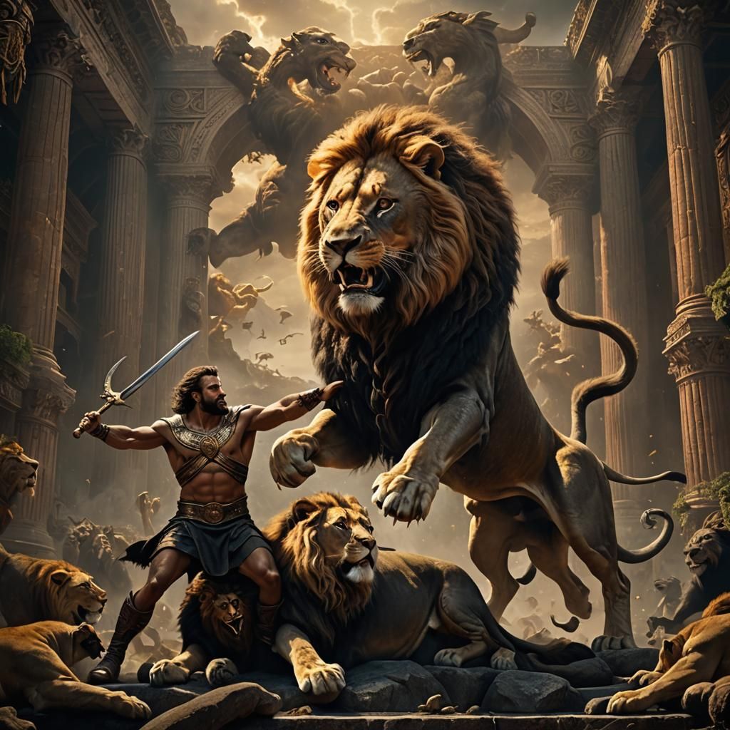 Hercules slaying the Nemean lion, Epic cinematic brilliant stunning ...