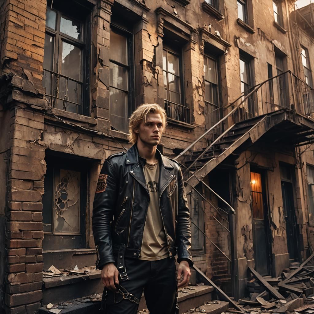 A blond haired 20 year old man dressed in biker clothes stan...