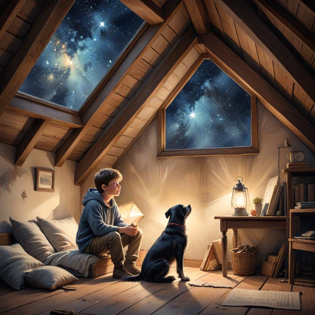 Boy and Dog Stargazing in Cozy Attic