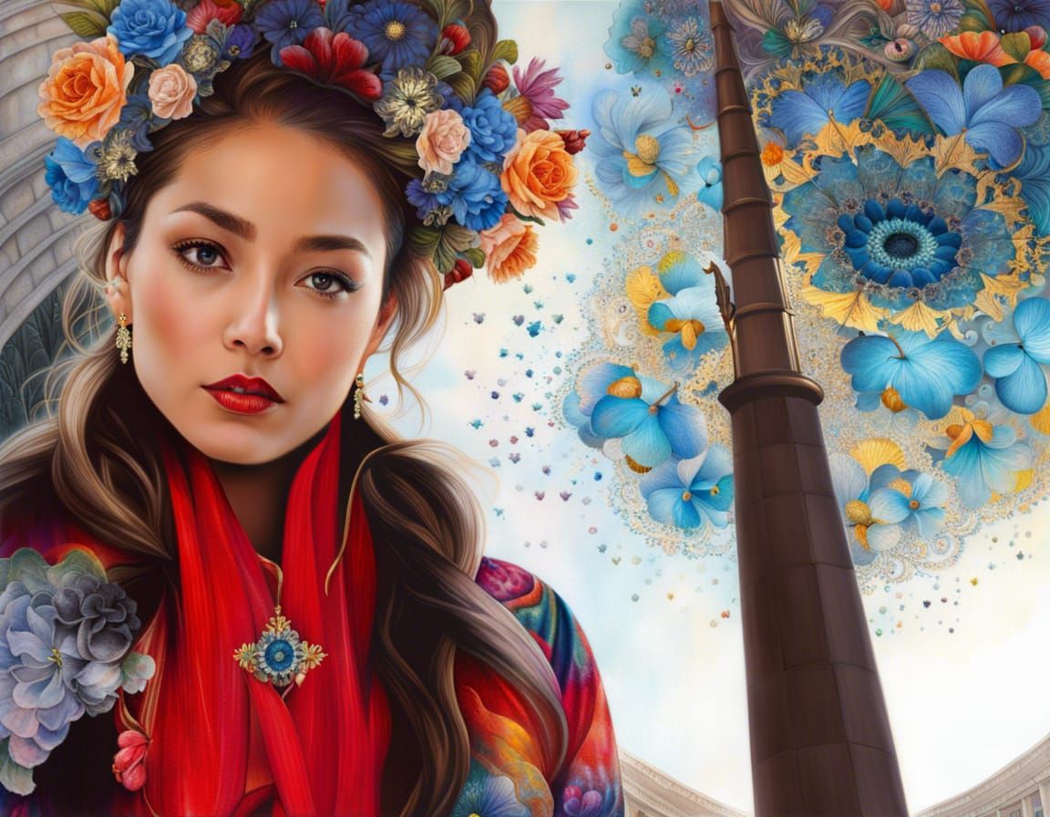 hyperdetailed flower queen at detailed magic_fountain, symmetrical_eyesx intricate