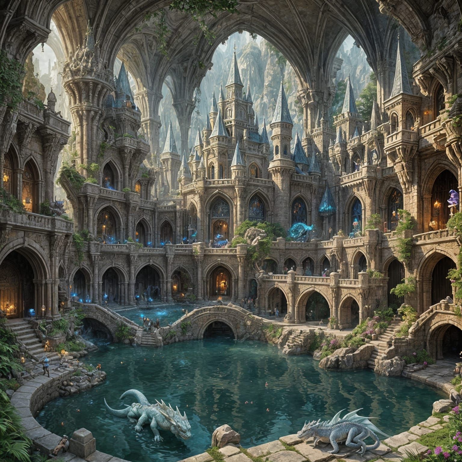 Magical underground fortress dungeon & Dragons theme with crystals and water fountain, small baby dragons ...  by @Stewart Boza 