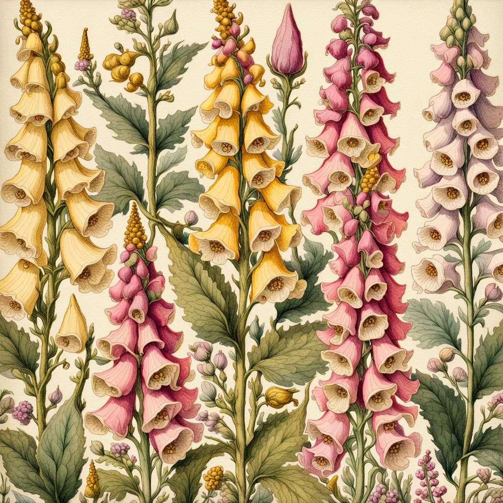 foxglove, Vintage Botanical Flowers, botanical watercolor drawing on an