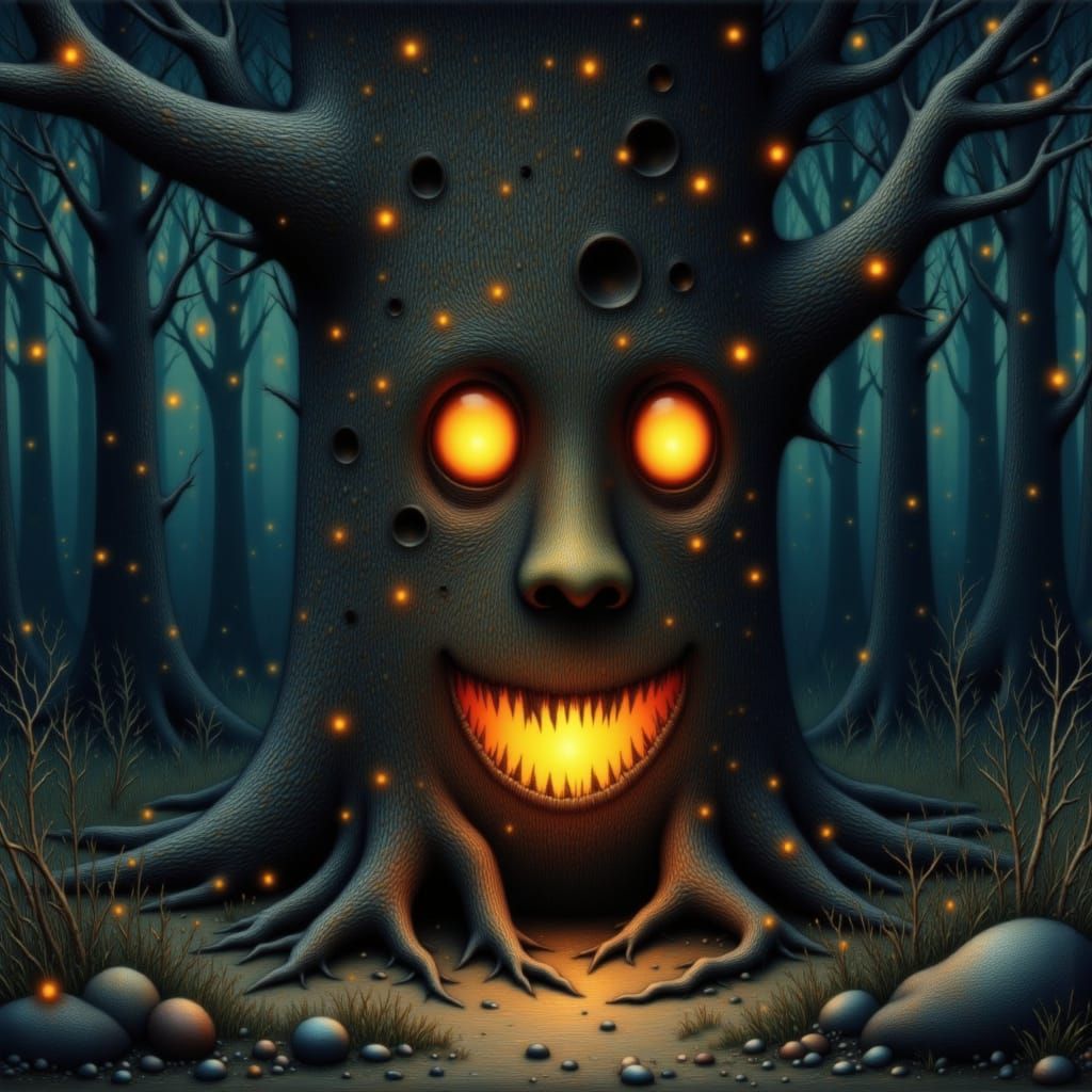 <lora:Storybook Halloween:1.0> Hollow tree with a friendly face carved into it, glowing from inside