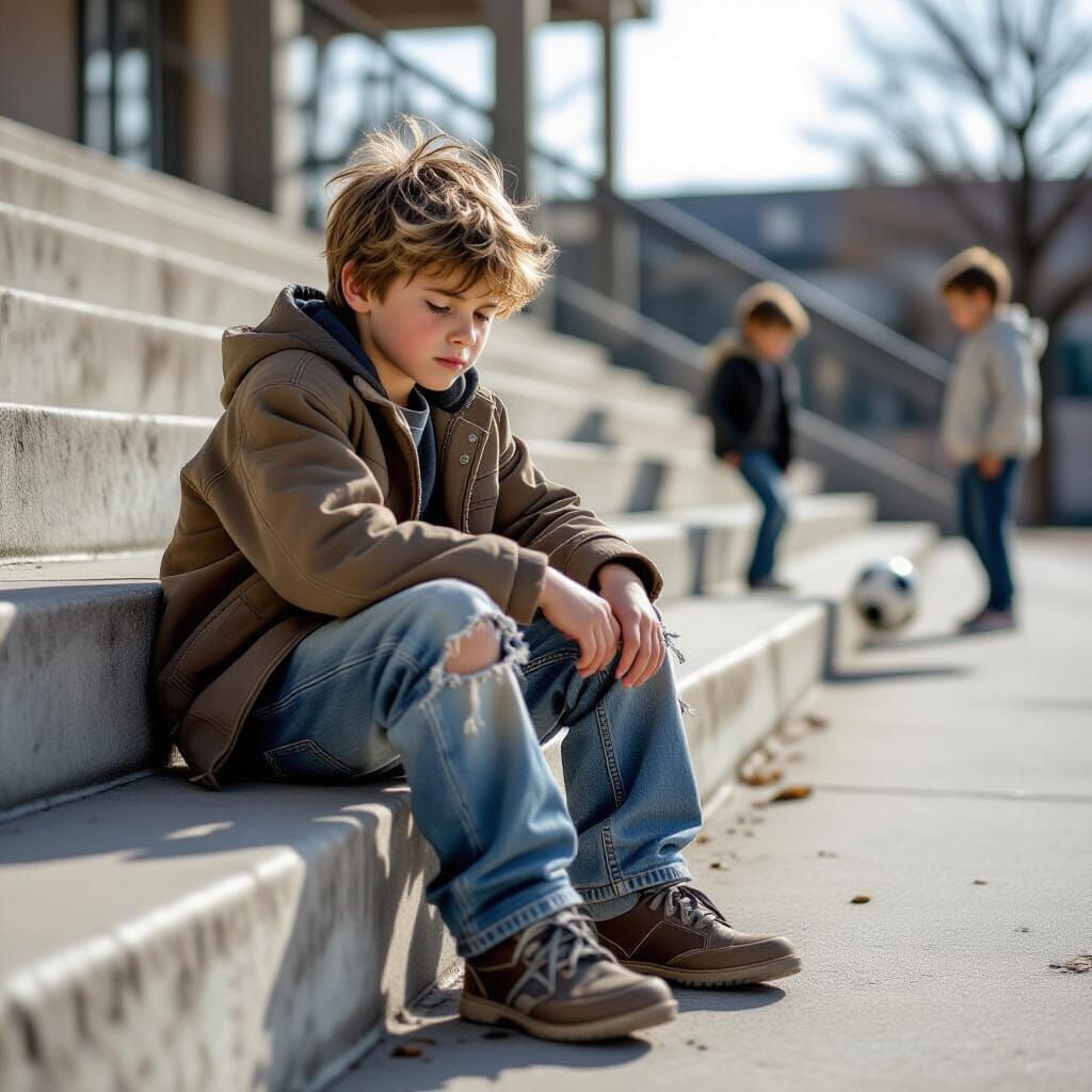 Lonely Boy Sits Sad on Schoolyard Stairs