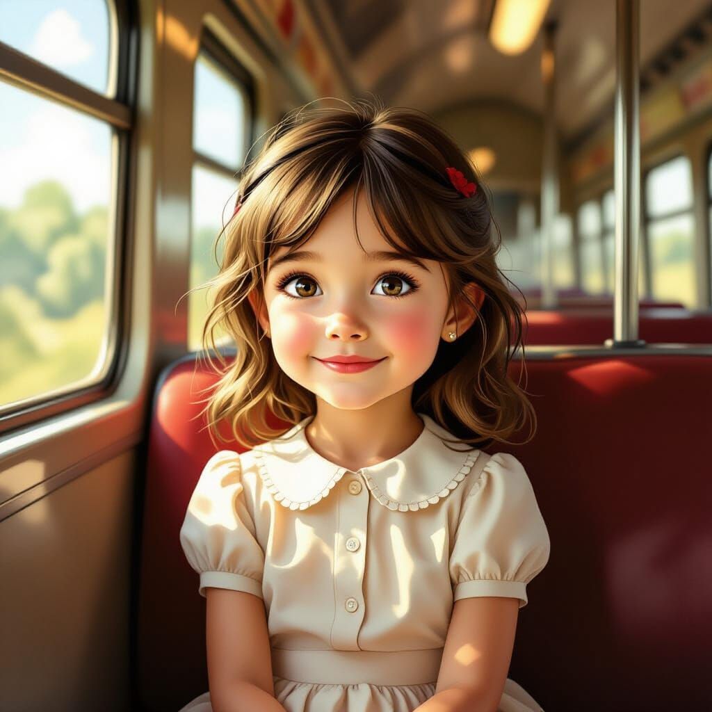 Cute Girl on Train in Nostalgic Illustration Style