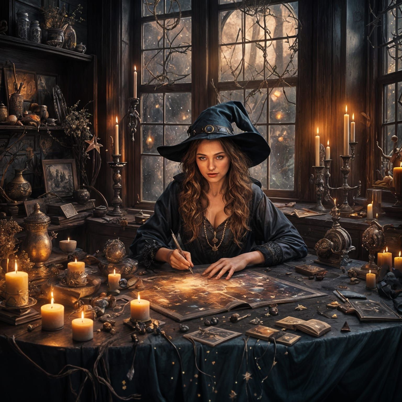 Mystical Witch Creating Vision Board, Detailed Digital Paint...