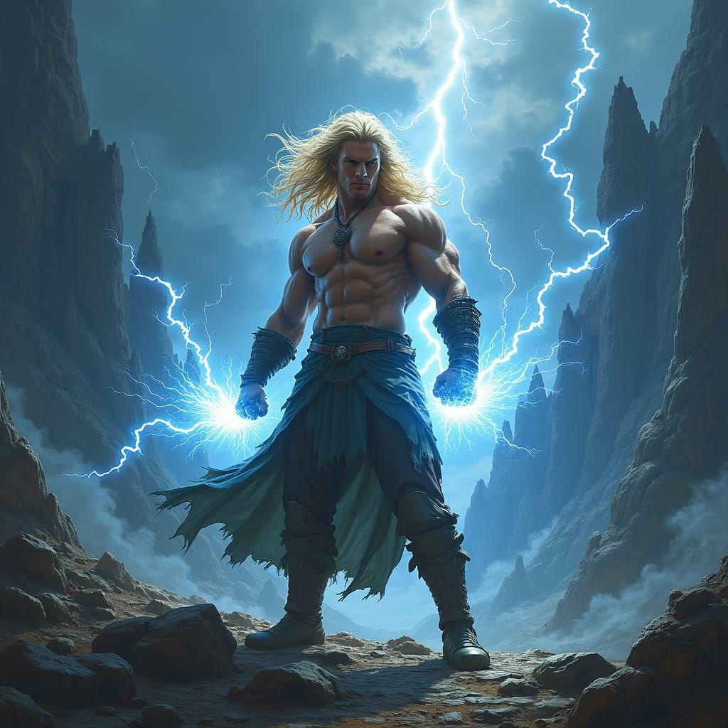 A man Dragonslayer of lightning with blond hair and fists su...