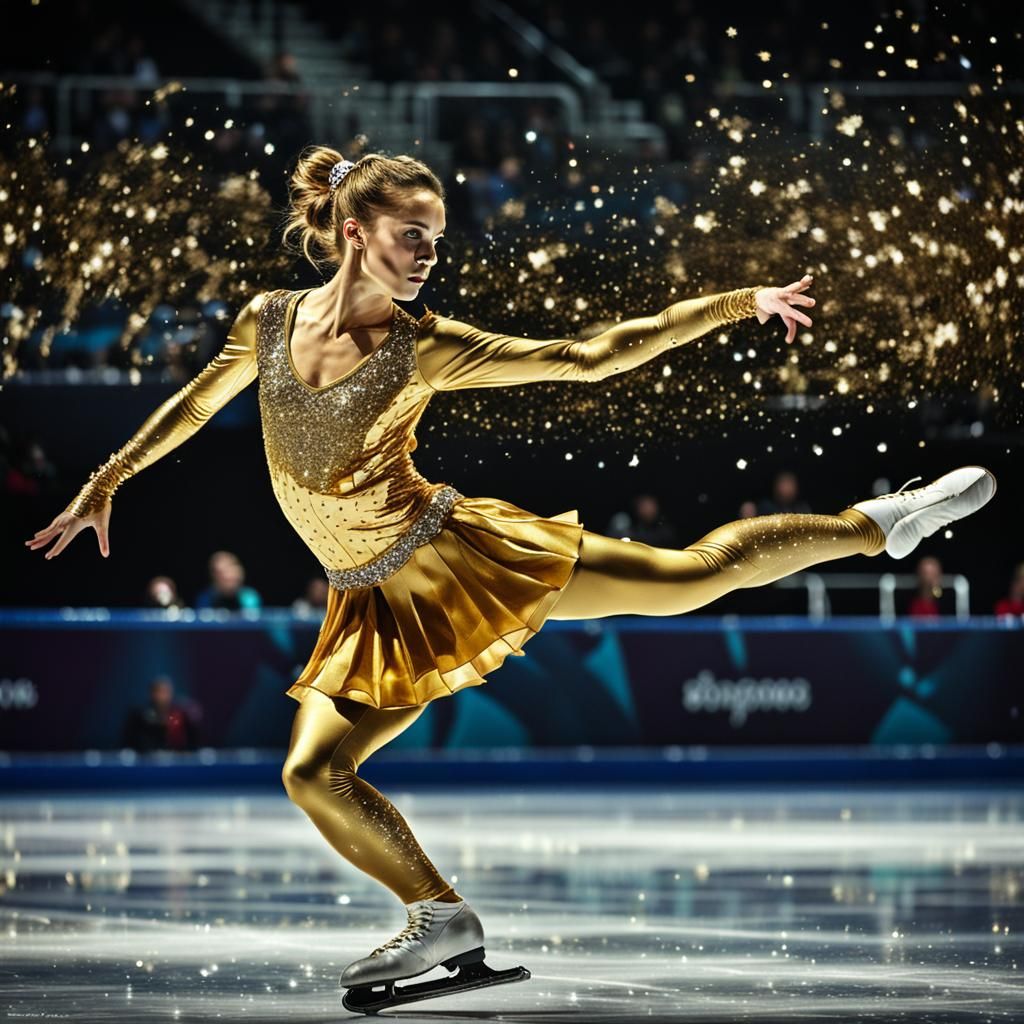 ice skater in a beautiful golden outfit with sparkles and st...