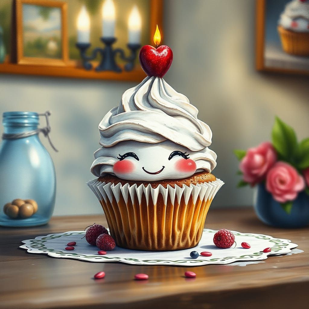 Un petit cupcake heureux avec un visage rougissant et étincelle tout autour. posé sur la table de la ...  by @Dom
