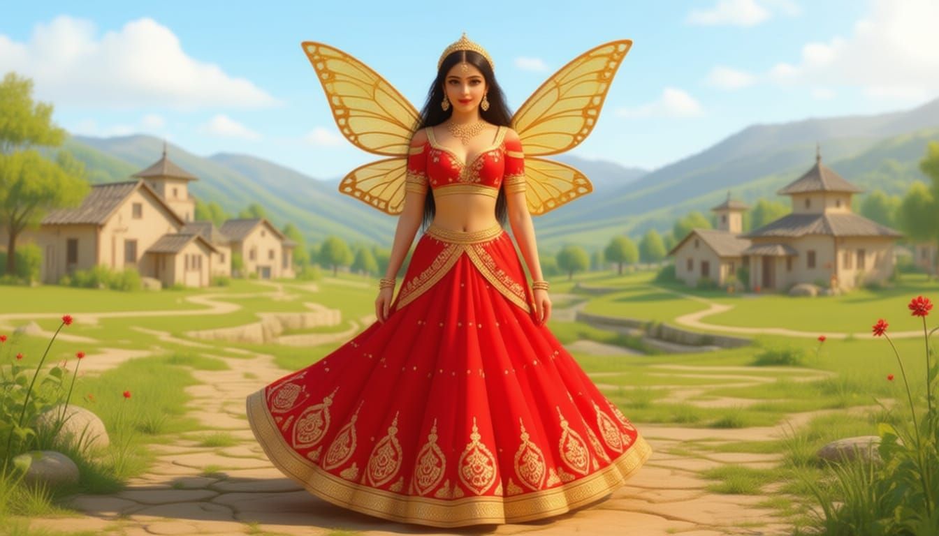 A glowing fairy princess wearing a magical red lehenga golden sparkles around her..old village but beautiful background.