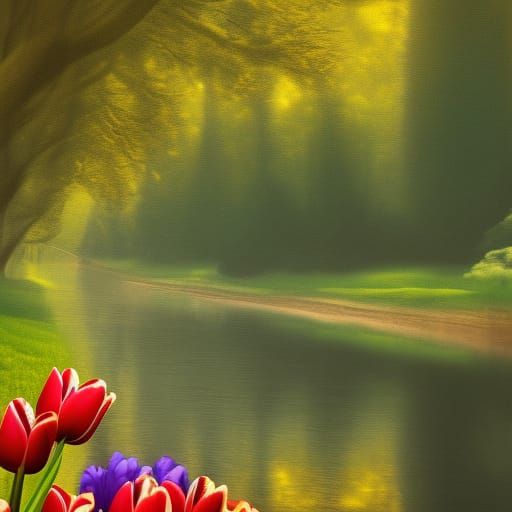 tulips on the edge of a river with reflections and tall tree...