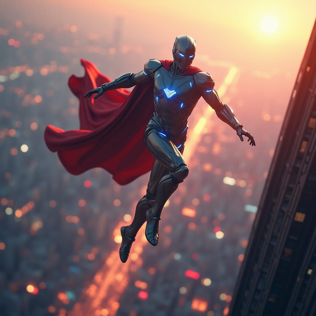 A daring image of a hero leaping from the rooftop of a skyscraper