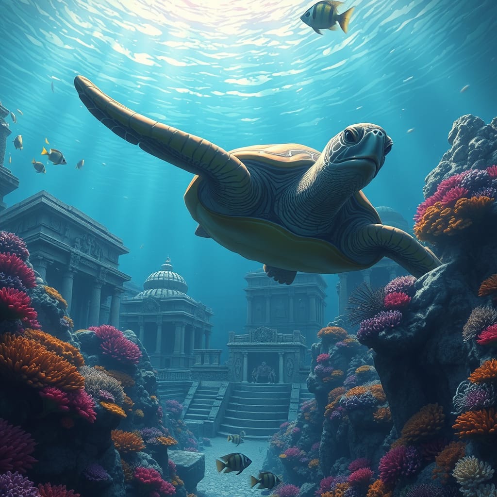 Giant sea turtle swimming past ancient underwater ruins, mystical vibe, cinematic lighting  by @Katerinafrompoem