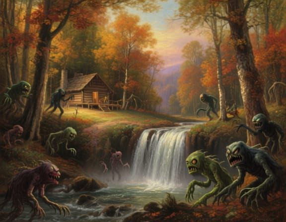 Monsters’ autumn hunt by a waterfall 