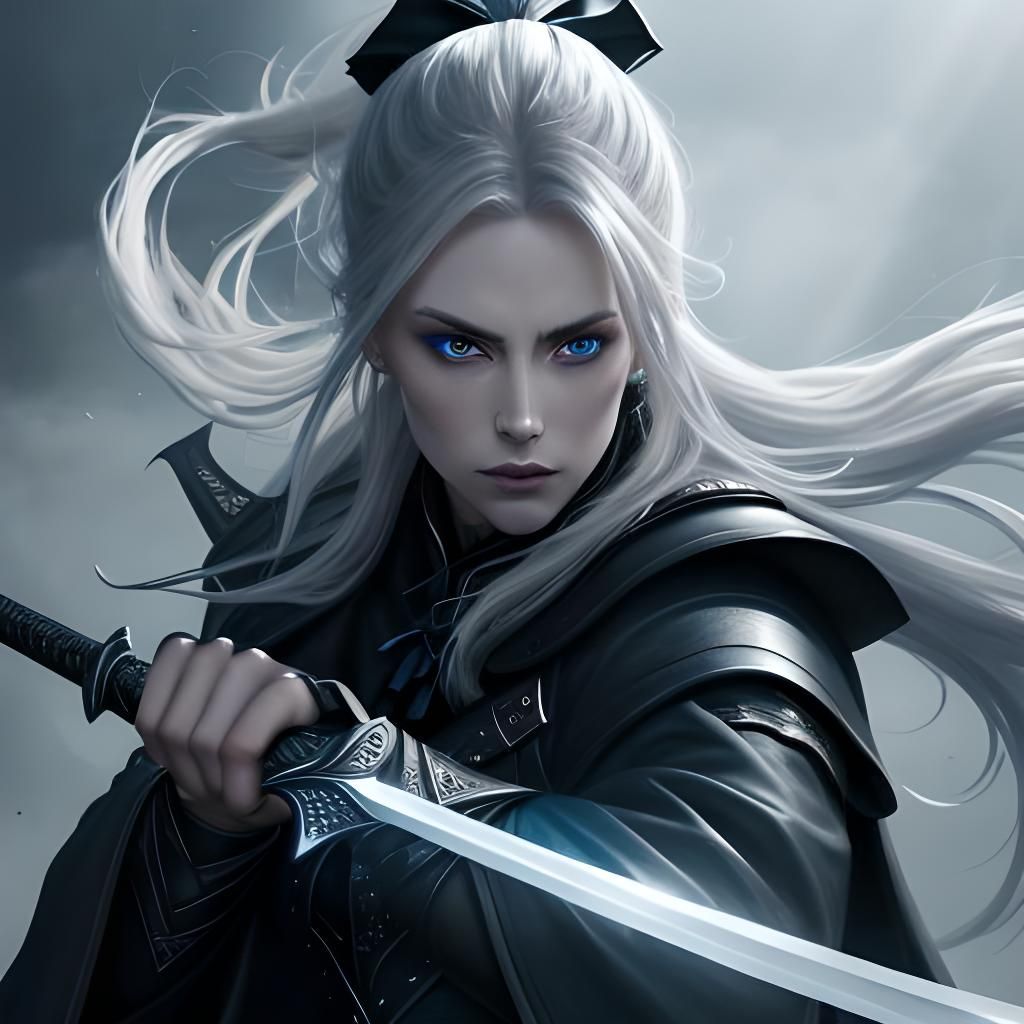 An action shot of a pale blonde female with long white hair ...