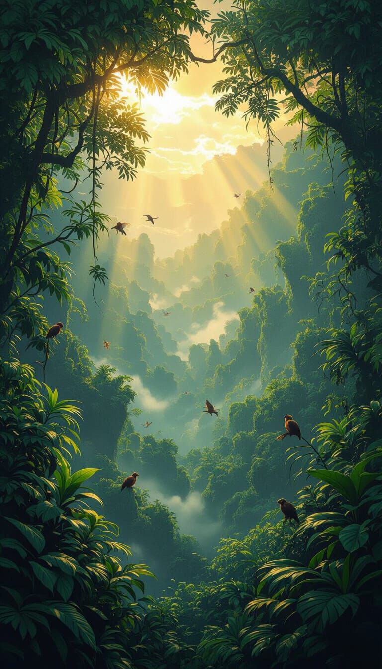 A lush view of the Amazon rainforest, teeming with diverse wildlife and vibrant greenery, with rays of sunlight filtering through the dense ...