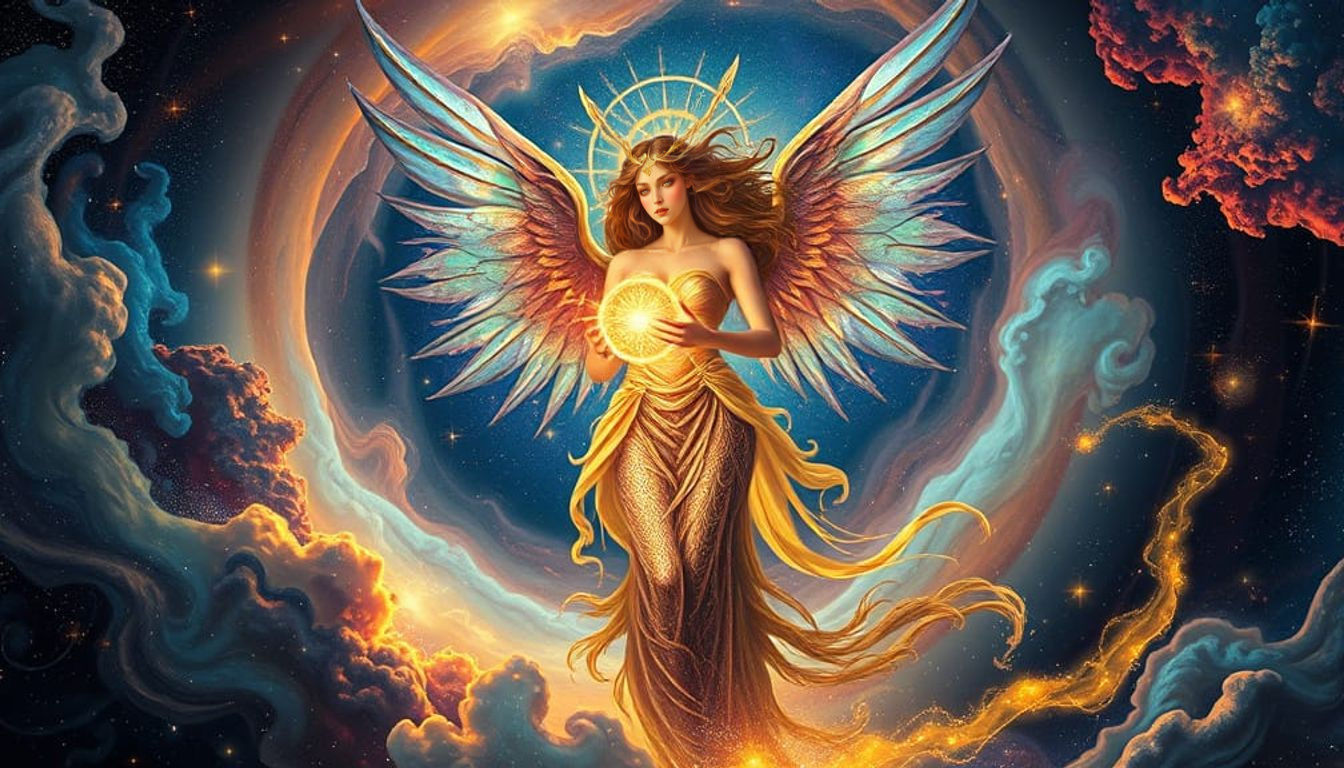 A celestial goddess with iridescent wings emerges from a swirling galaxy, her form composed of stardust and nebulae. She holds a glowing orb...