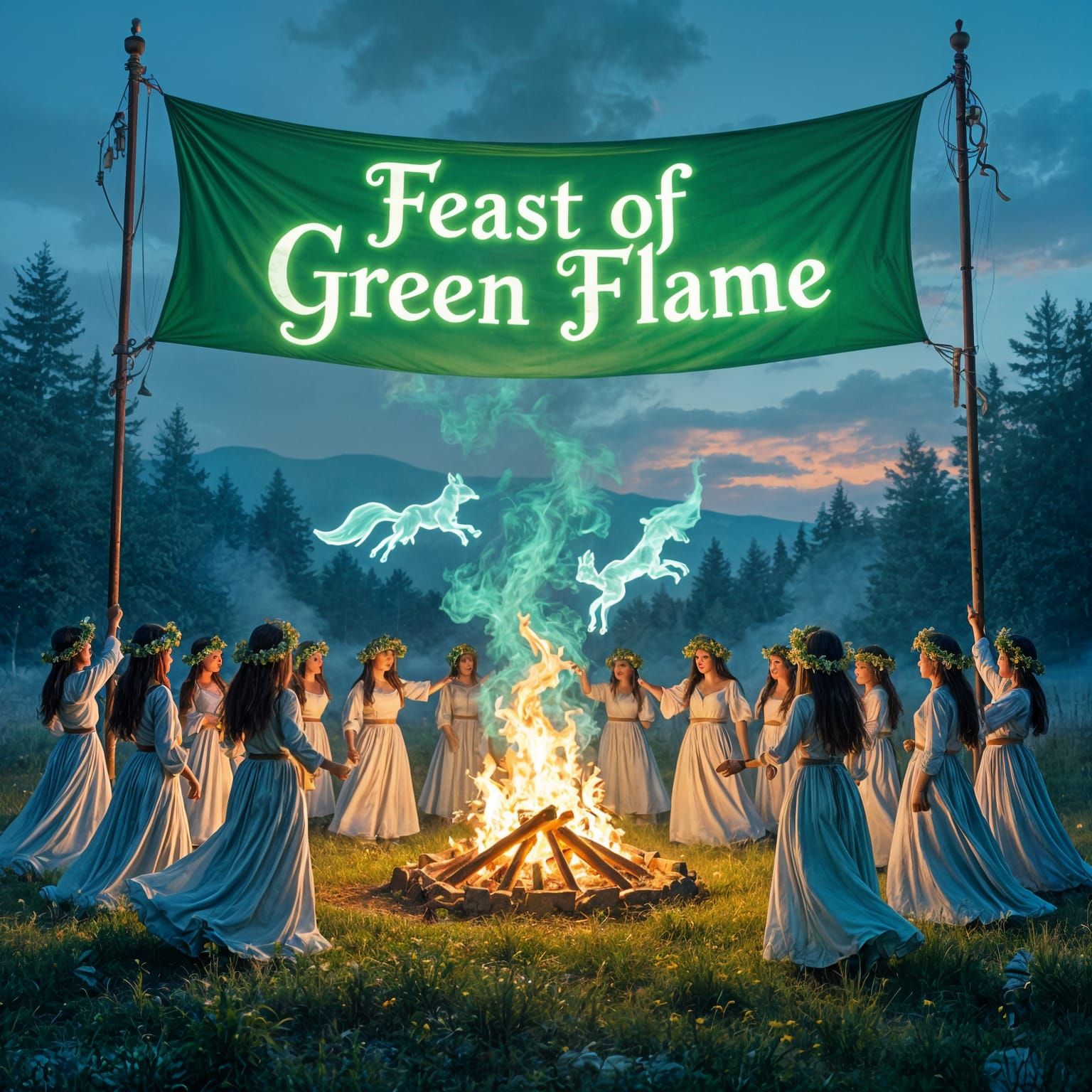 A surreal celebration of a fictional holiday called 'Feast of Green Flame'. In the center of a twilight ...  by @Schoor