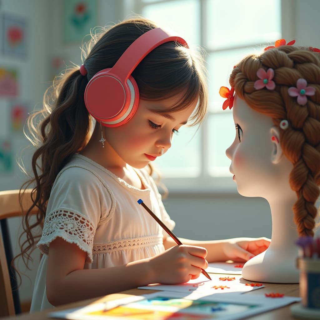 a picture of a young girl with headphones when she is painti...
