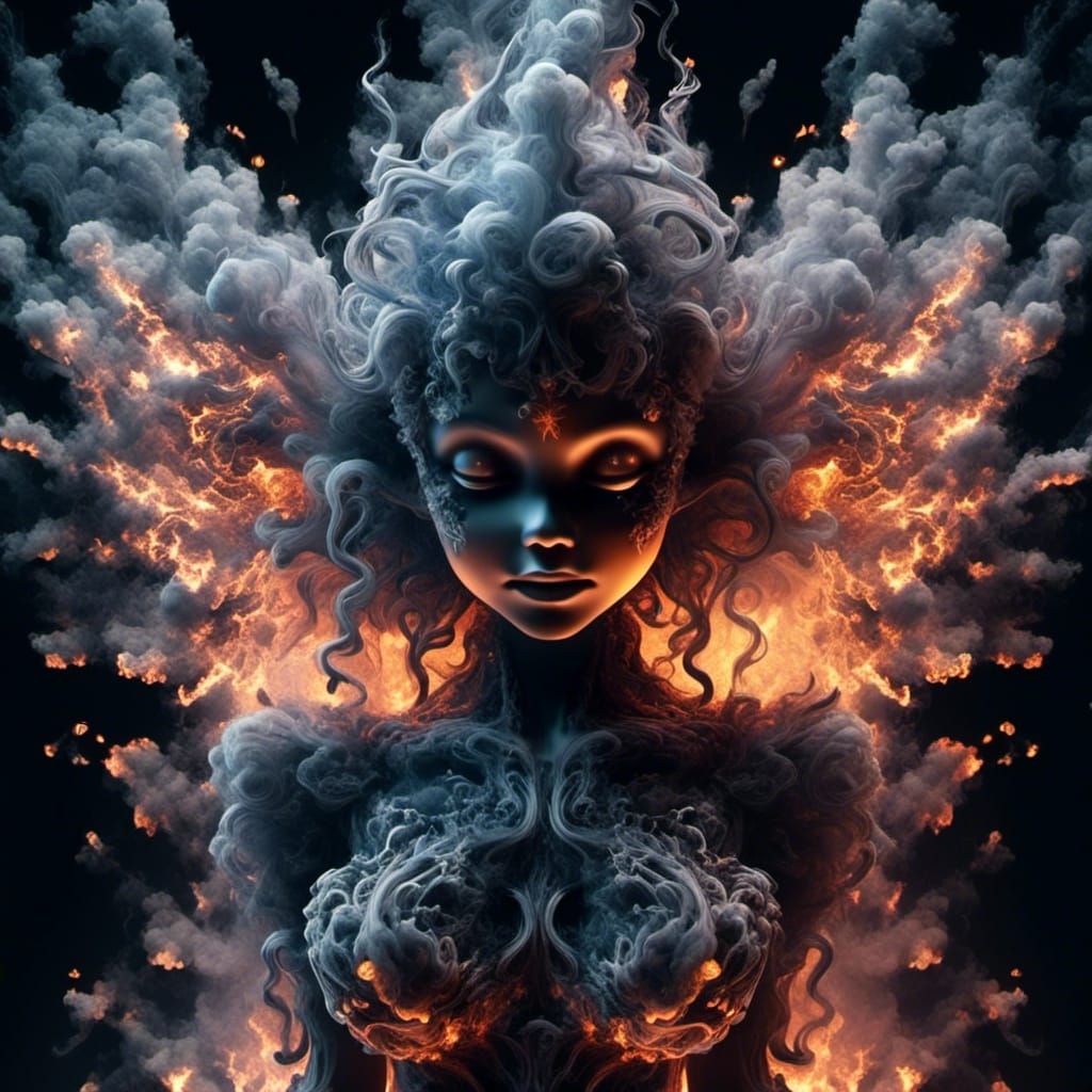 <lora:HRH-smoke-v2:1.0> hyper detailed three dimensional macro image of a tiny miniature fairy made entirely from luminous star filled smoke...