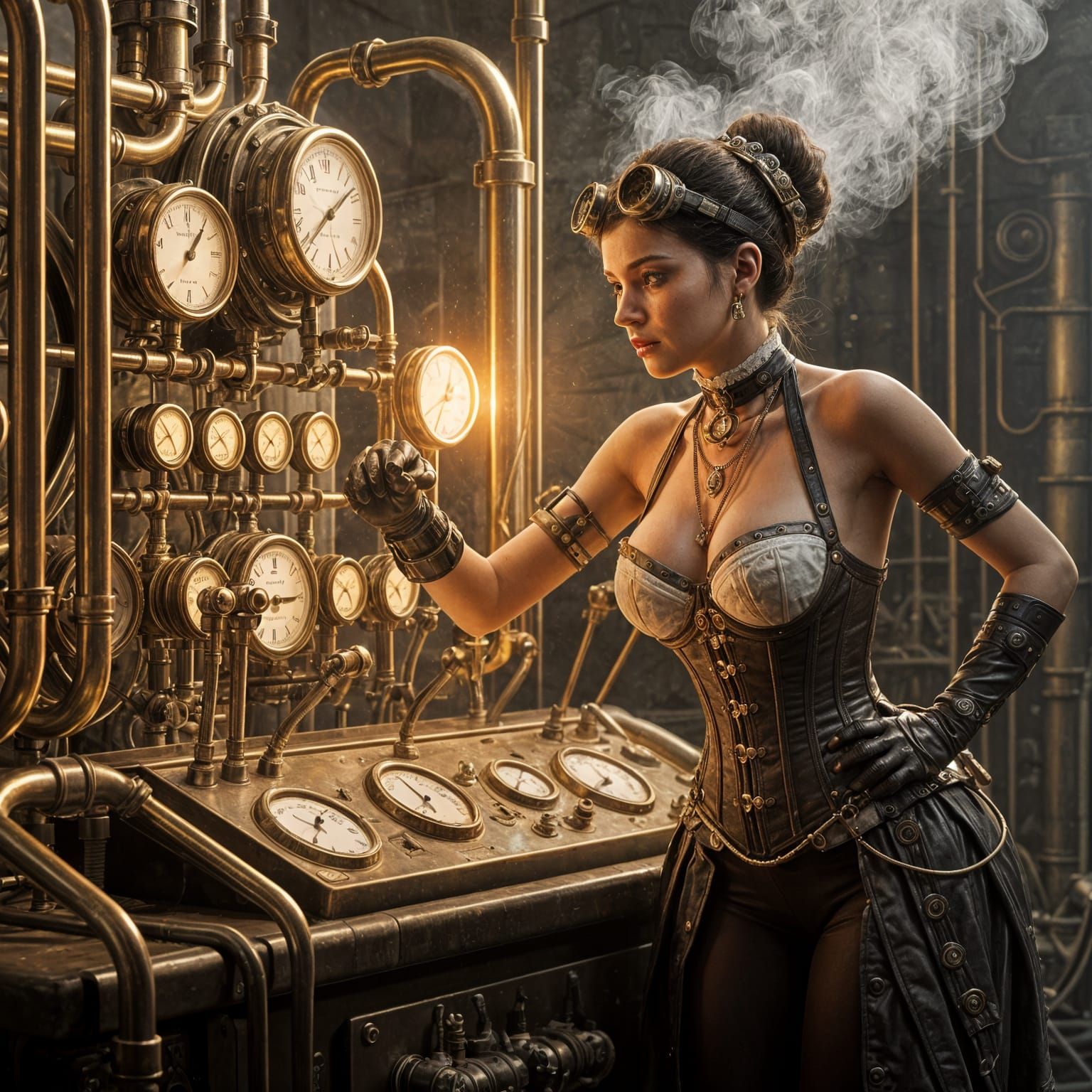 Ultra-detailed, photorealistic image of a captivating steampunk lady operating a massive steam-powered machine. She wears elegant Victorian ...