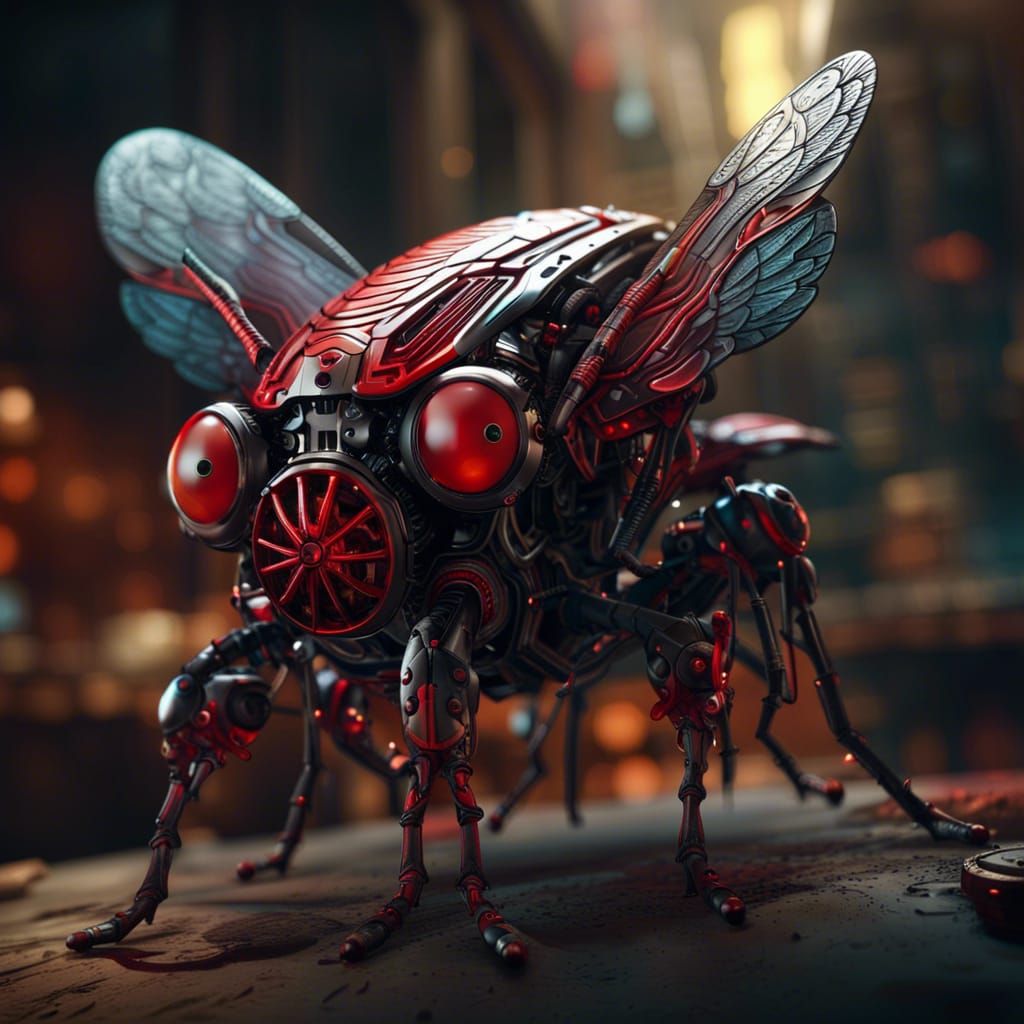 a well detailed robotic house fly /detailed robotic wings/re...