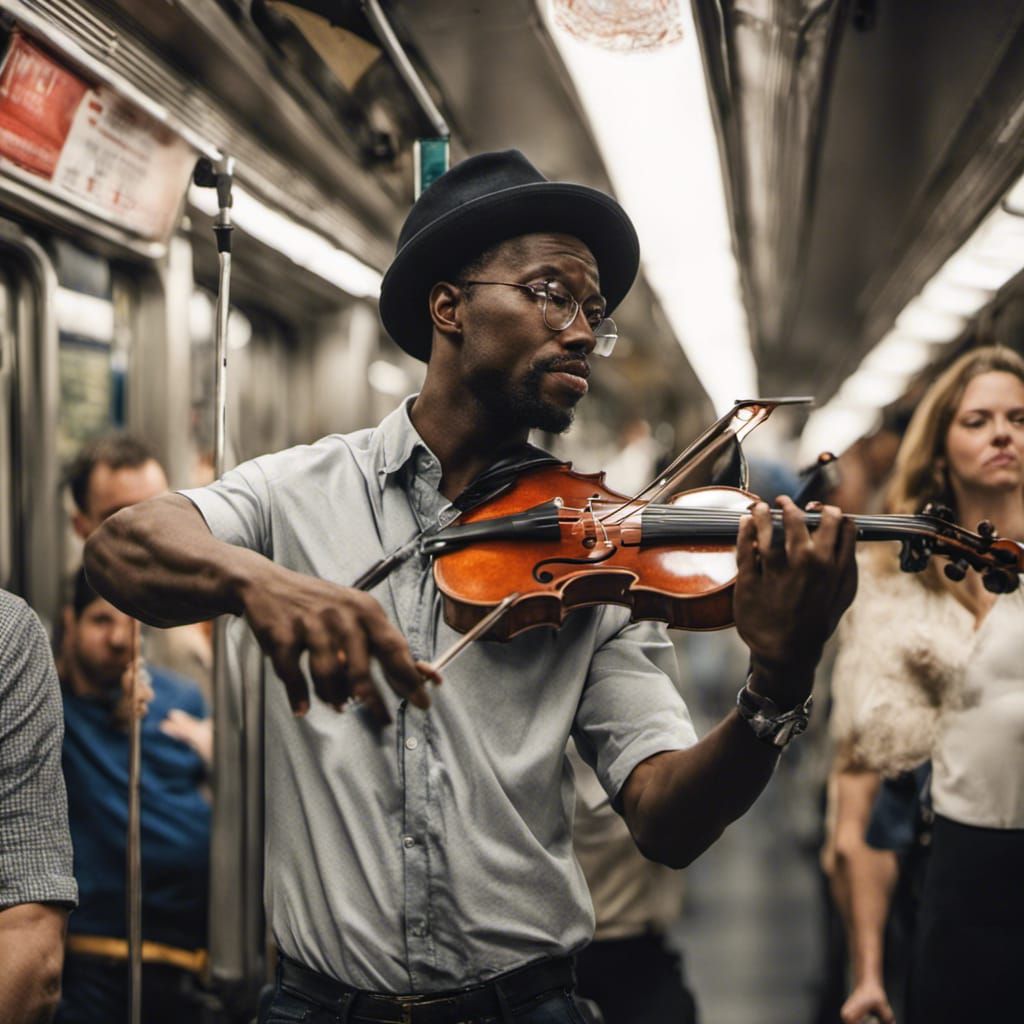 A Black Man Playing The Violin On A Crowded NYC Subway. AI Generated Artwork NightCafe Creator