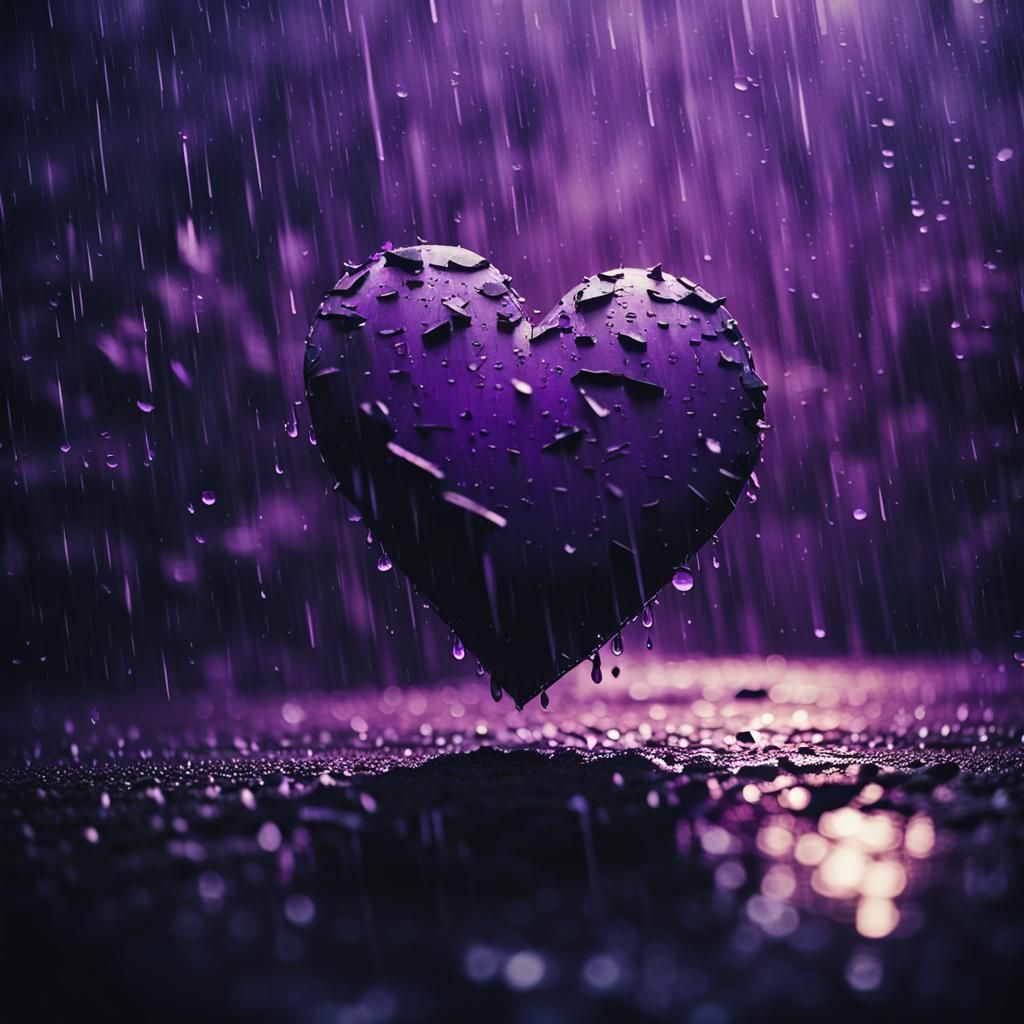 a purple broken heart  floating in the rain with a dark vibr...