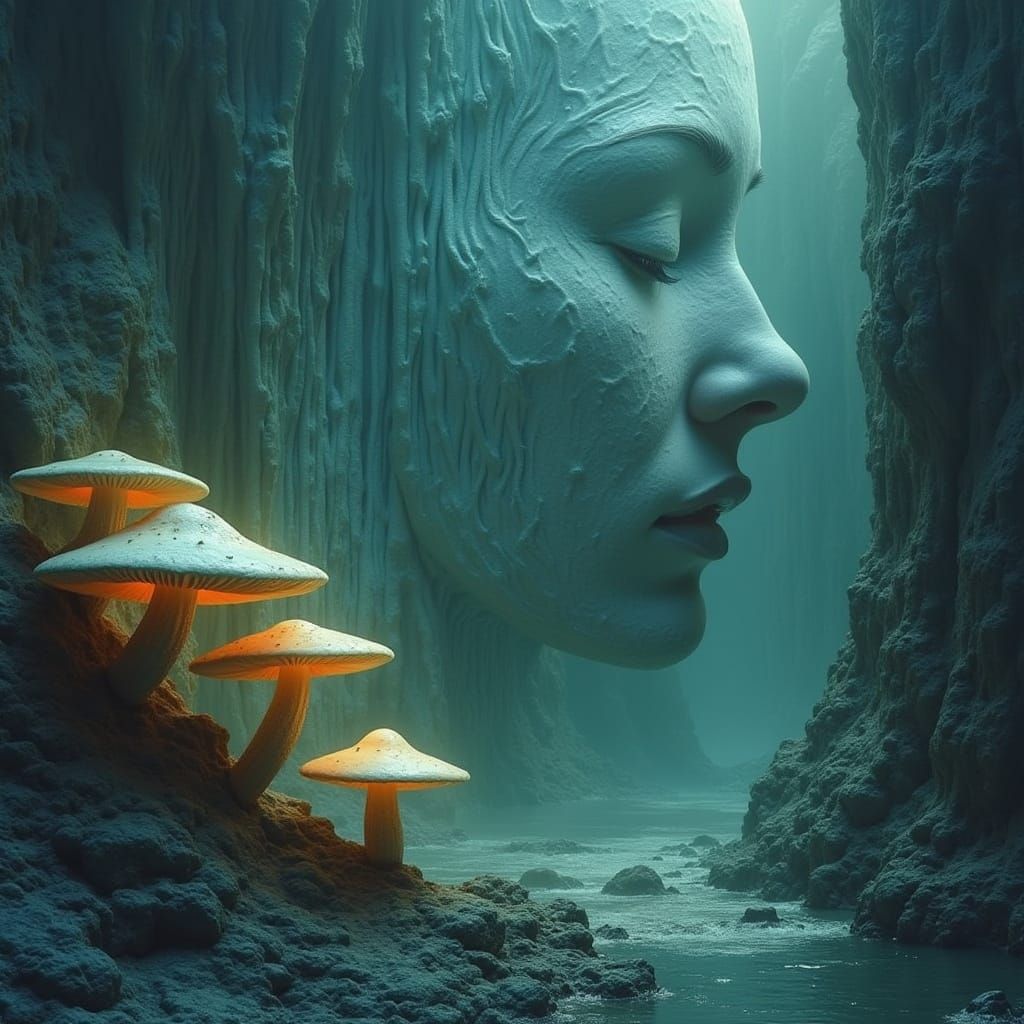 Ancient Cliff Face with Bioluminescent Mushrooms and Whisper...