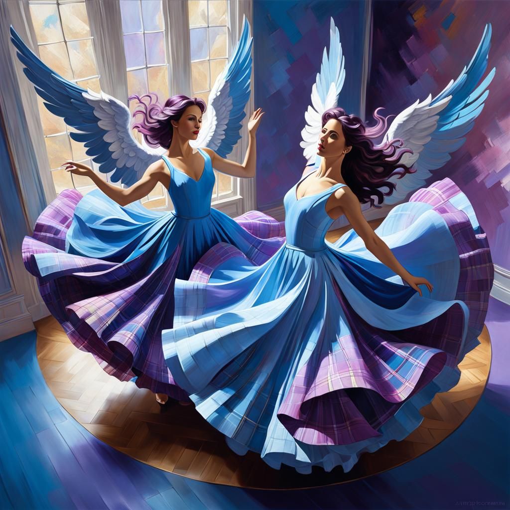 a pair of dancing angels wearing swirling and colorful dress...