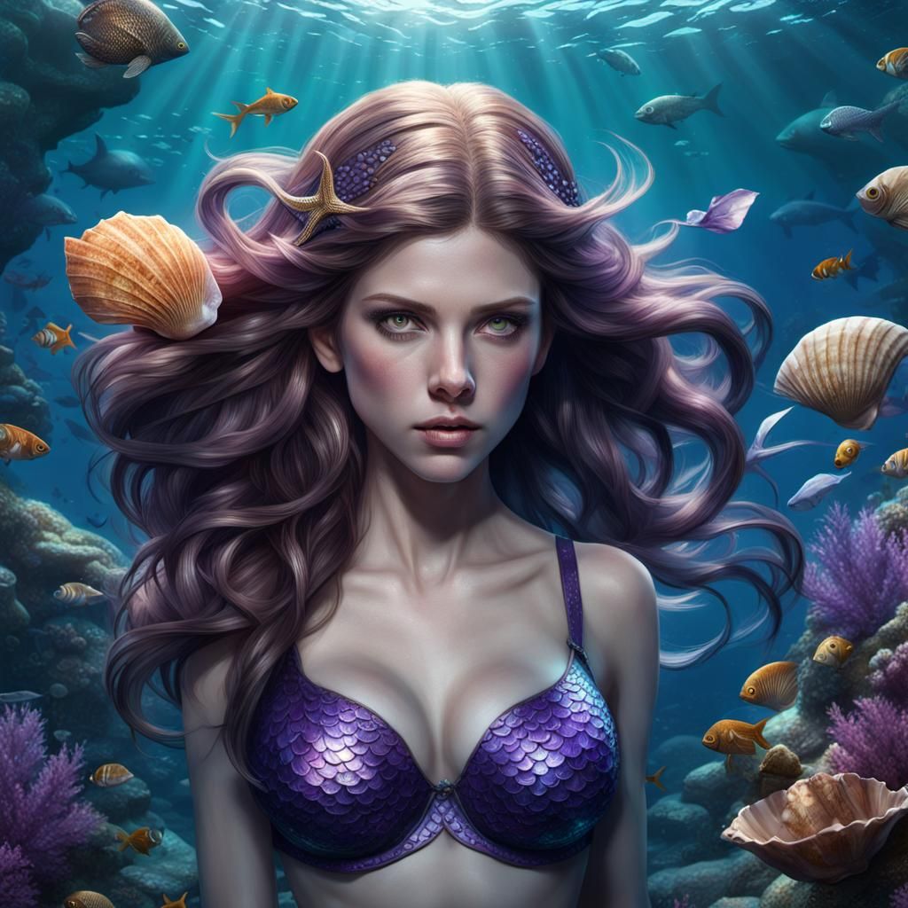Anna Kendrick, mermaid, seashell bra, underwater, school of fish, tropical sea