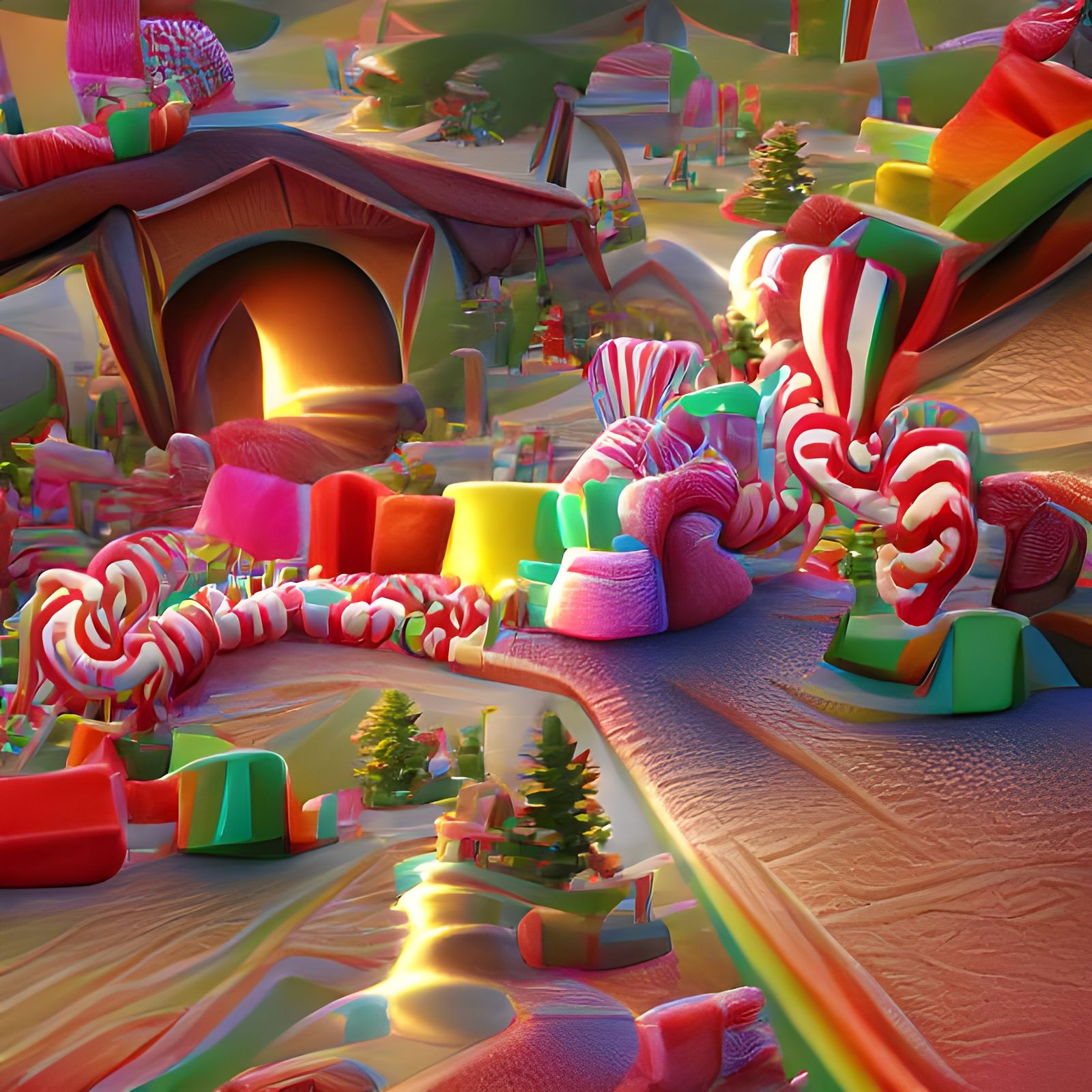cozy christmas fantastic candyland at golden hour 8K 3D