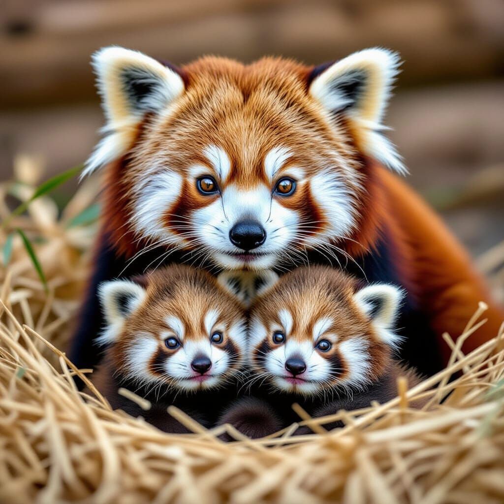 Adorable Red Panda Family in Soft Light