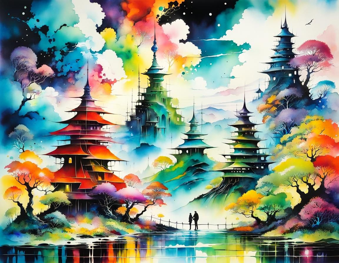 Sci-fi, colorful, happy, couple cute ALCOHOL-INKS in the sty...