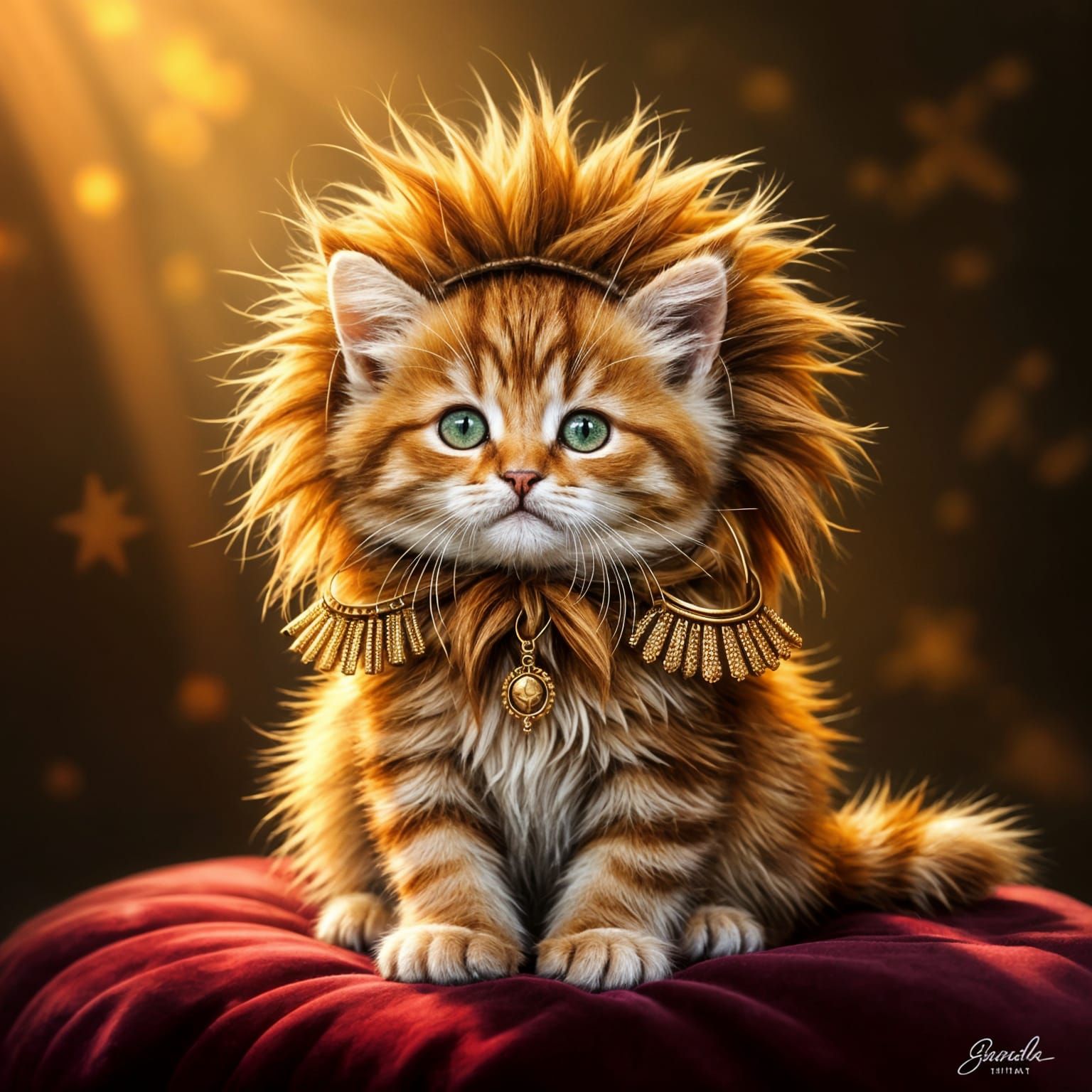 Adorable Kitten in Lion Costume on Velvet Cushion