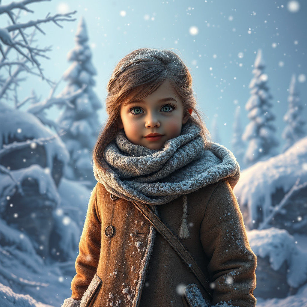 Snowy Landscape with Girl in Coat, Fantasy Concept Art