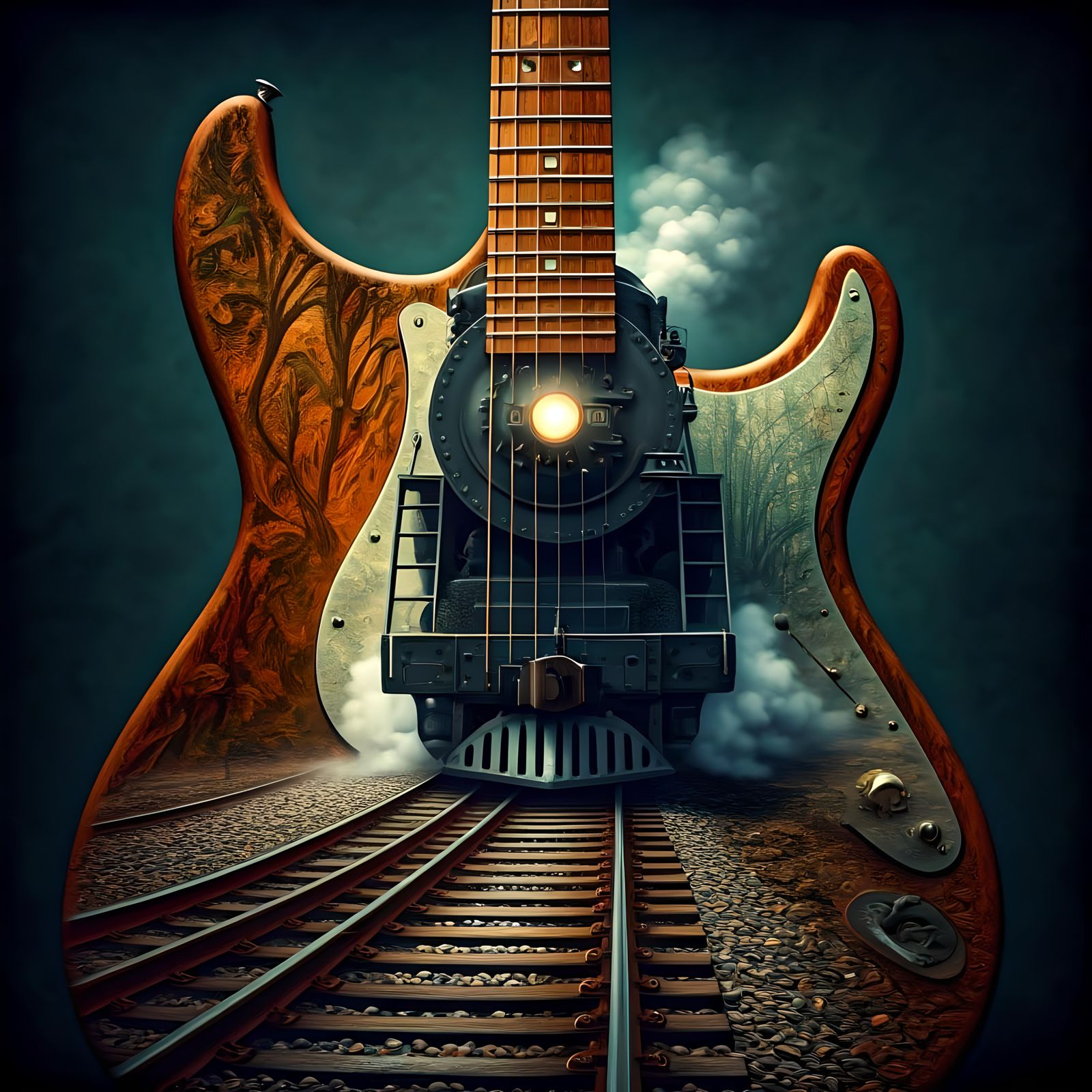 Guitar Neck Turns Into Train Tracks: Fantasy Concept Art