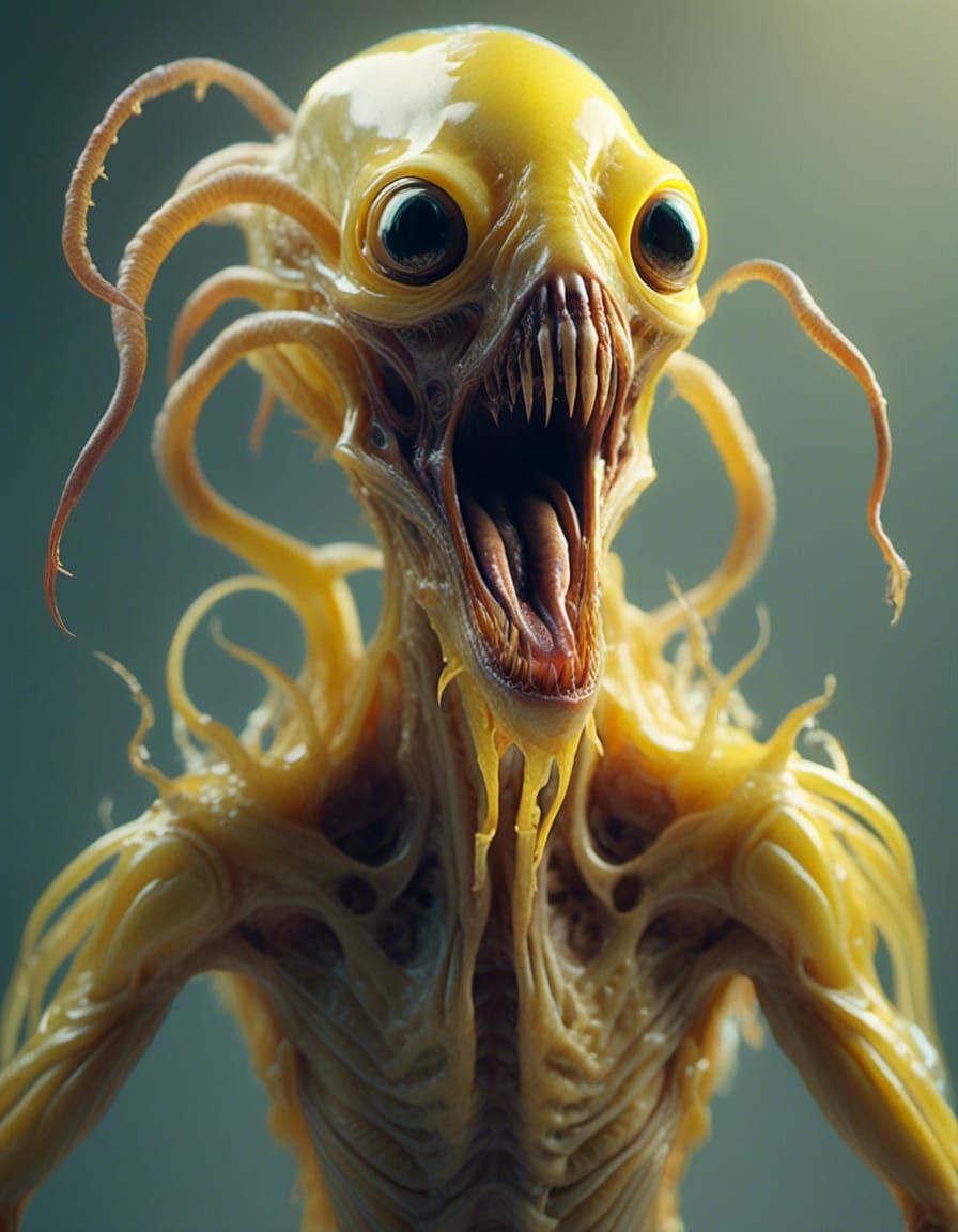 <lora:Creatures:1.0> a translucent yellow alien like creature standing before a white background, two legs, two arms, long teeth, open mouth...