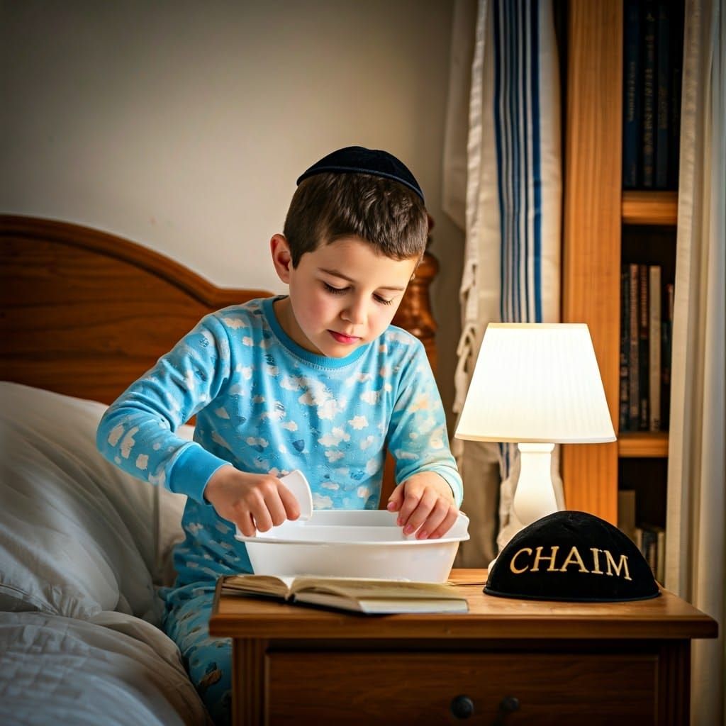 Chassidic Boy Performing Negel Vasser in Bed