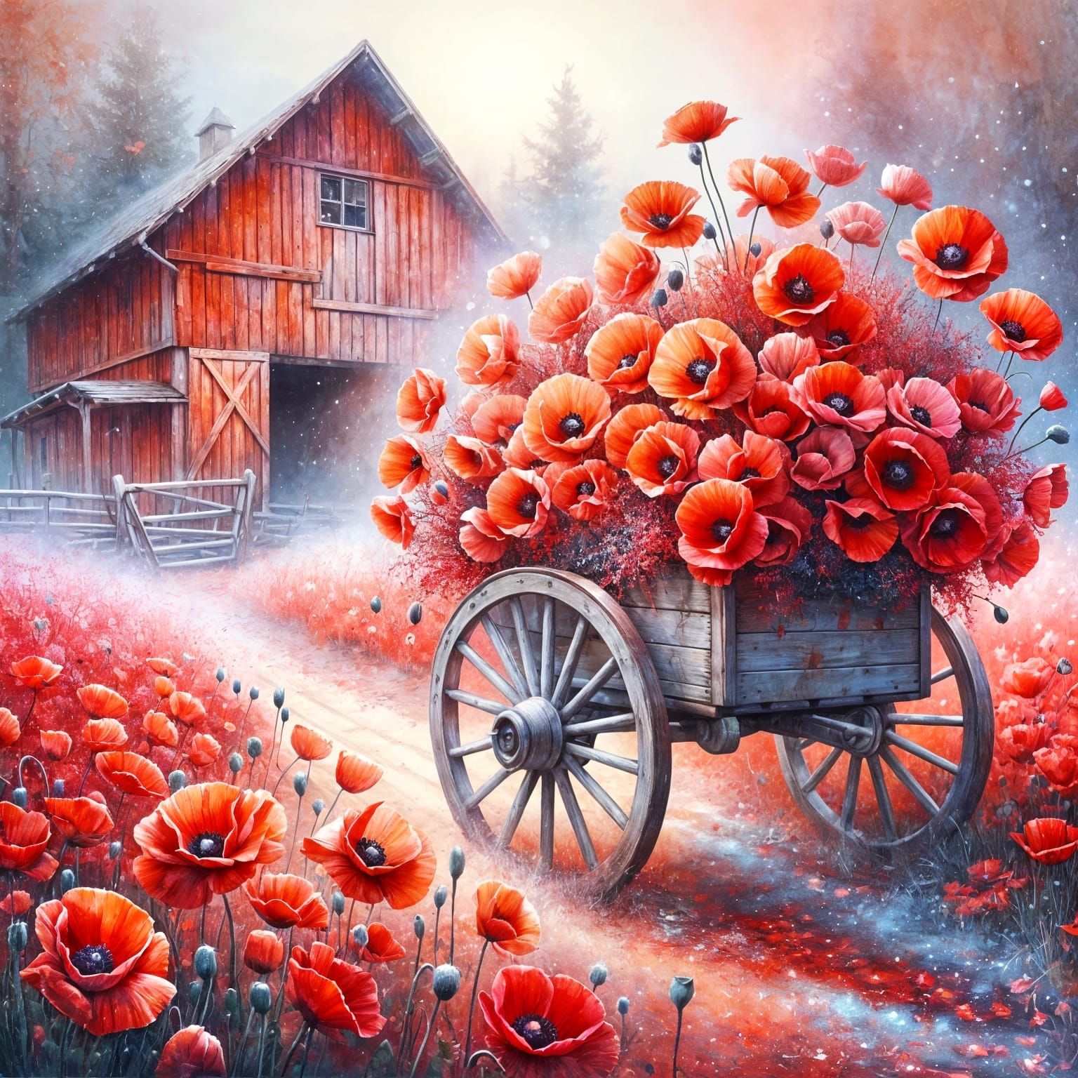 Rustic Cart with Red Poppies   by @Astera