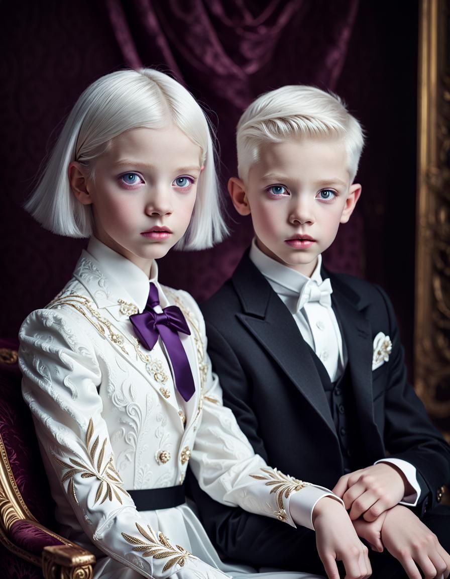 Adorable albino brother & sister; posing for a portrait sitting on an ...