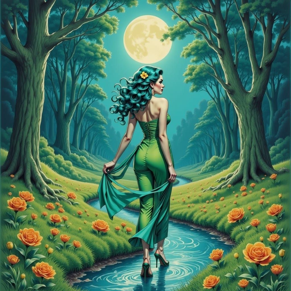 Hyperdetailed, 8k resolution, beautiful dark haired witchy woman w/ greenish yellow flowers in hair  & detailed exquisite jewelry, walking t...