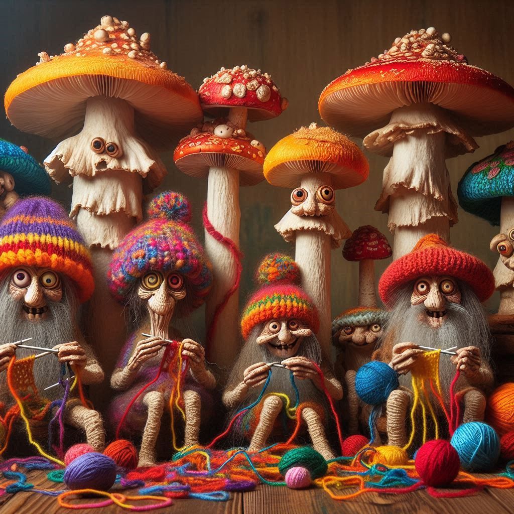 Crazy mushrooms sit in a group. Like old men, they crochet with colorful threads and the room is full of crocheted thing...
