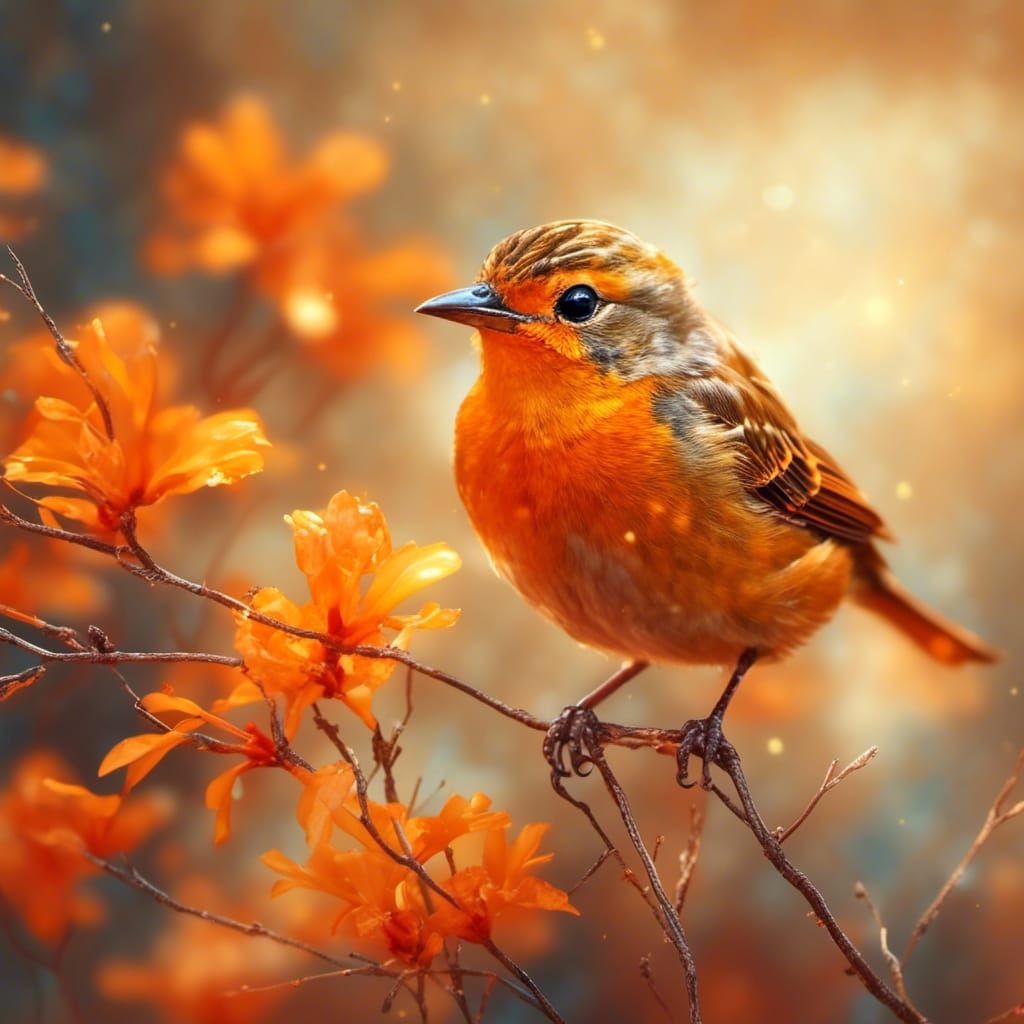 <lora:One For All:1.0> Orange crystal little bird, detailed body. Red and yellow jamaica flower background. Blur background. Sunlight reflec...