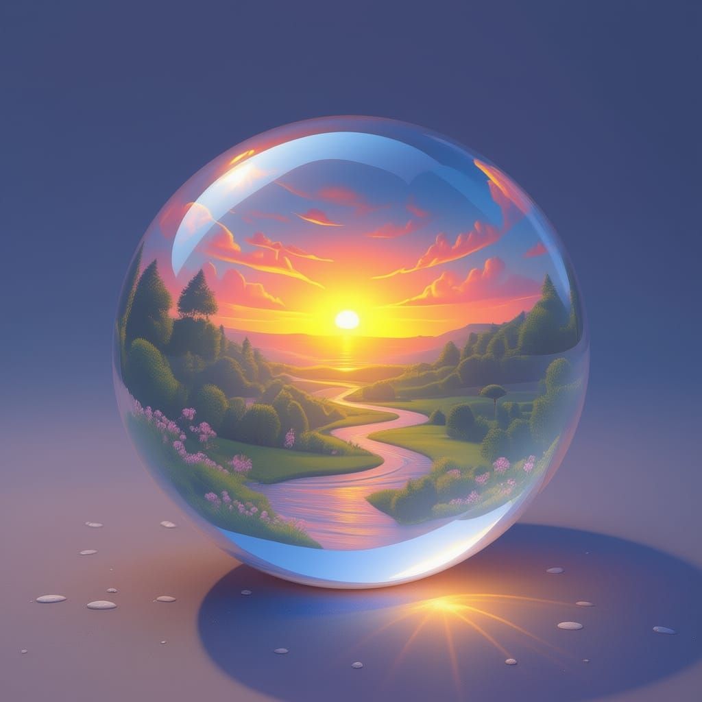 A shiny glass circle, with a beautiful three-dimensional image of a beach in magical lighting, and a huge, beautiful clam resting closed on ...