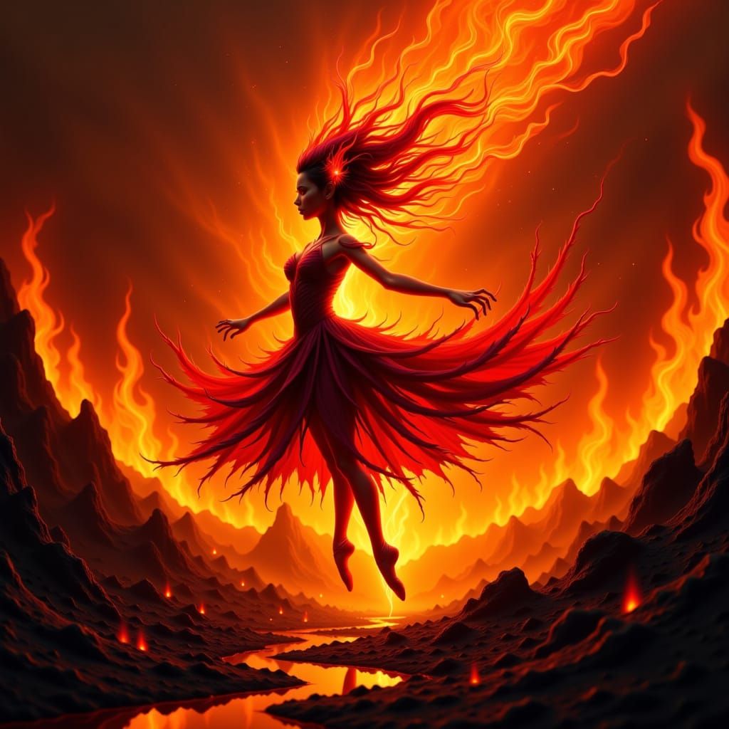 Petite, fiery sprite with crimson and amber hues, posed in arabesque ballet stance, suspended mid-pirouette, amidst desolate charred landsca...