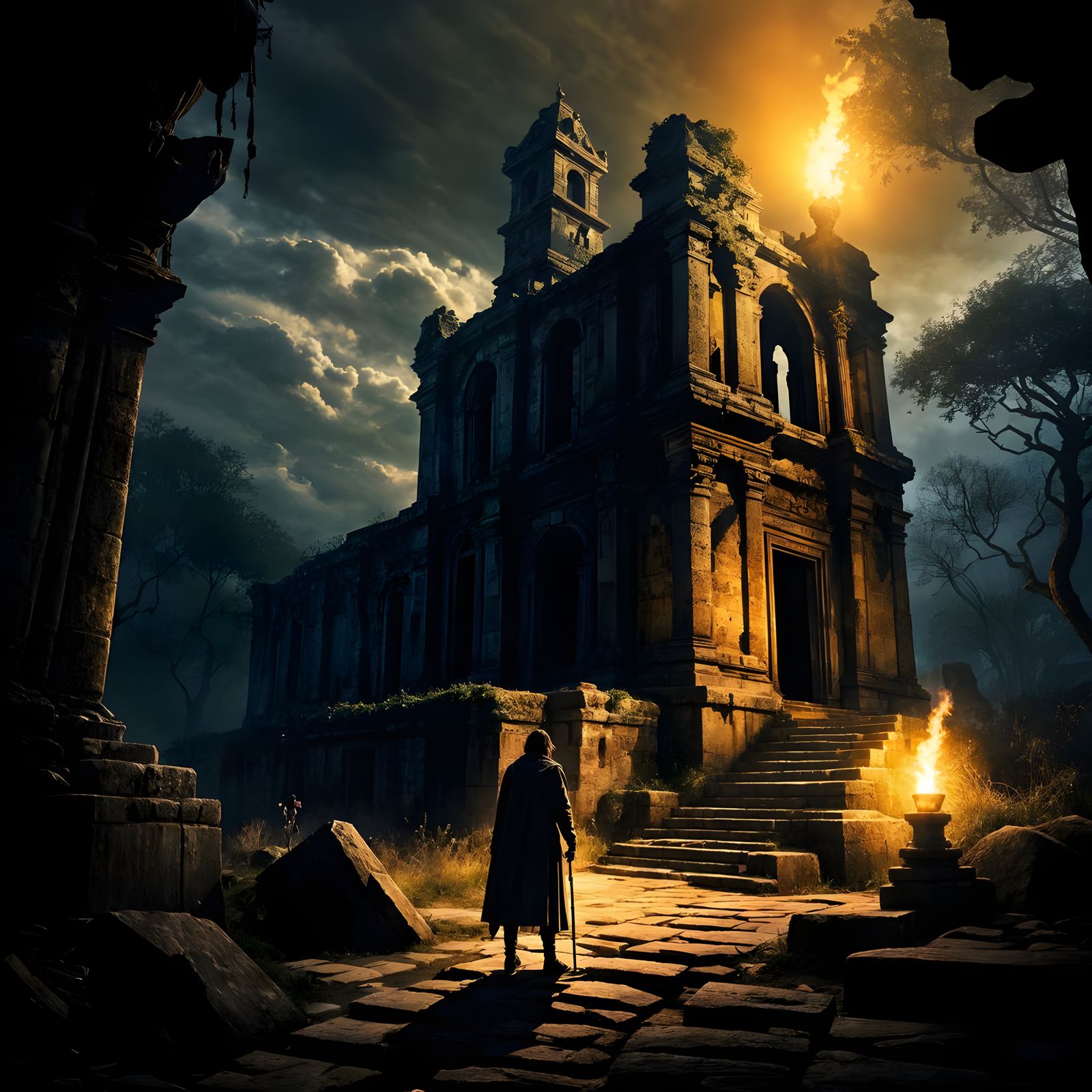 Ein Reisender, der mit einer Fackel in der Hand am Rande eines vergessenen Tempels steht.  by @Londo Mollari