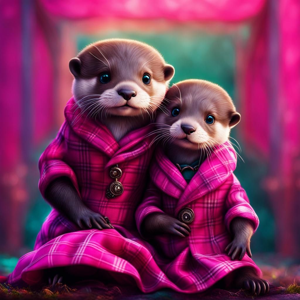 true love for baby otter to snuggle in hot pink plaid, don't...